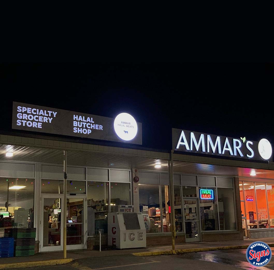 WestmountSigns's tweet photo. Signs at Night featuring the new sign we made for @AmmarsMarket located at 317 Lancaster St W, Kitchener.
.
.
#signsatnight #ourwork #illuminatedsigns #maximumvisibility #smallbusiness #butchershop #exteriorsigns #customsigns #LEDsigns #foodwr #kitchenerwaterloo #channelletters https://t.co/JrTuLdUgQw