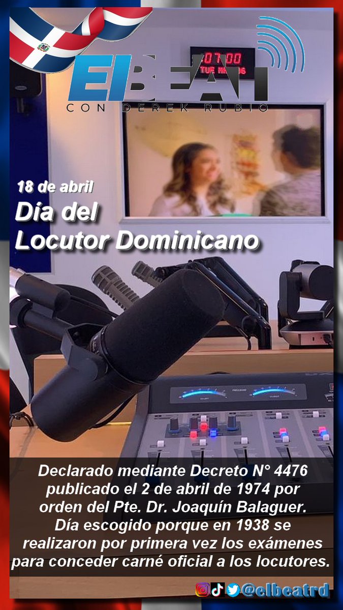 EBNRadioShow's tweet photo. Feliz Día del Locutor Dominicano 🇩🇴.
#DiaDelLocutor #LocutorRD #ElBeatEfemerides #ElBeat #ElBeatRD #SomosElBeat #ElBeatDeLosSabados #RadioEnVivo #SantoDomingo #MusicaTropical #RadioShow #Hifa106 #LaVozDeLasFuerzasArmadas #Locucion https://t.co/gL7UZIzs8R
