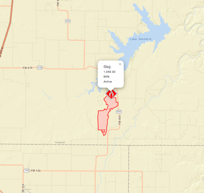 AllHazardsTFS's tweet photo. Alert: Texas A&M Forest Service is responding to a request for assistance in Haskell County on the #StagFire. The fire is 1,058 acres and 95% contained. Fire crews received the call late and worked overnight to construct containment lines. Crews will patrol, mop up today. #txfire https://t.co/3H2DBB70cU