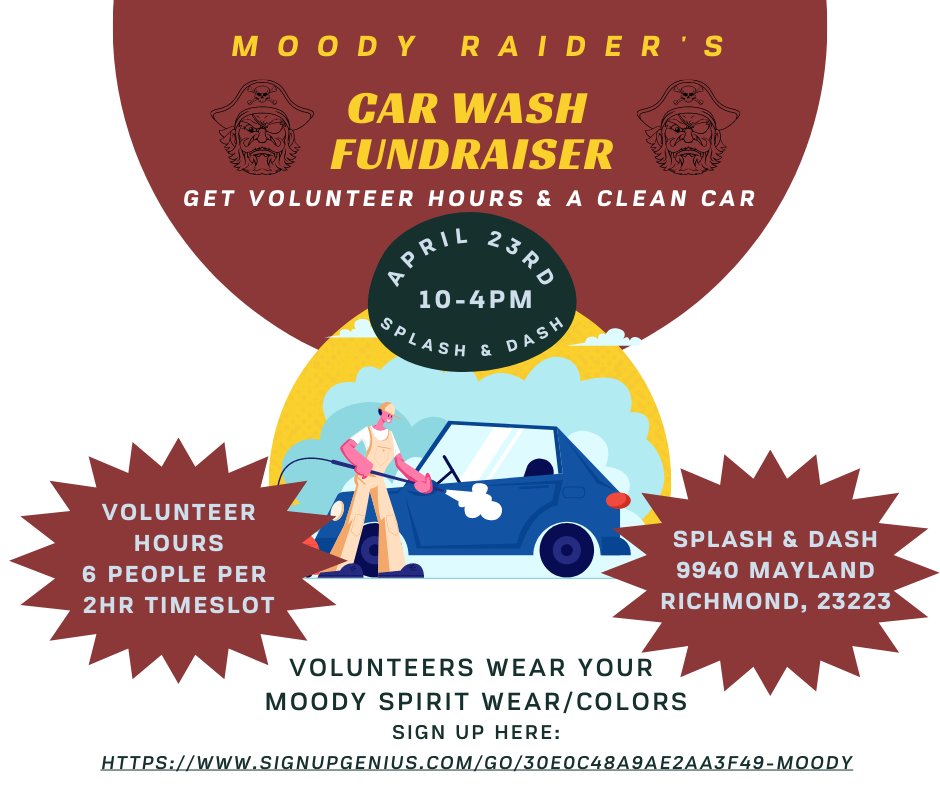 Join us for the Moody Raiders PTSA Car Wash on April 23! Please see the attached flier for details.