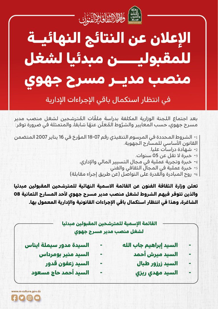 🔴النتائج  النهائية للمقبولين مبدئيا لشغل منصب مدير مسرح جهوي.