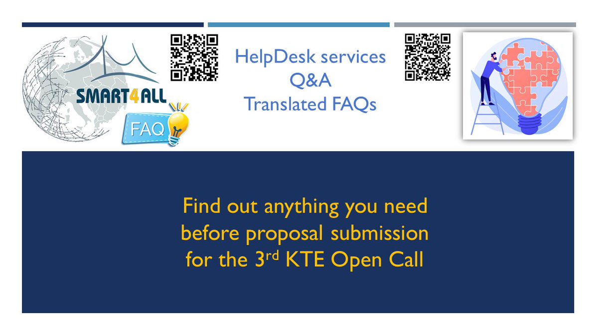 🔎Want some help with the application for the 3rd #KTE #Open_Call ❓
🎯#SMART4ALL provides two useful tools for your proposal preparation:
✅A Helpdesk hosted on <a href="/FundingBox/">FundingBox</a> 's Community Space 👉 bit.ly/3gBPUT9 
✅Translated FAQs available here👉  bit.ly/3vpxzOS