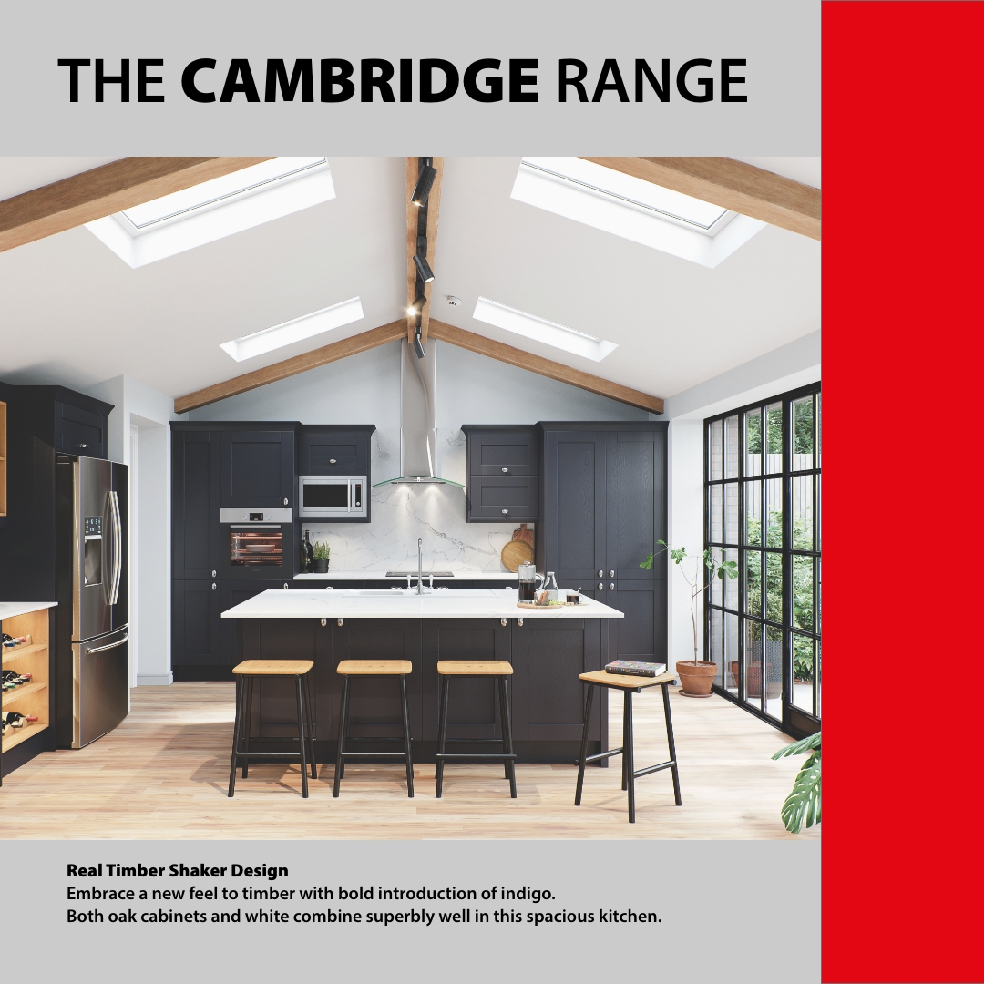 Embrace a new feel to timber with bold introduction of indigo. Both oak cabinets and white combine superbly well in this spacious kitchen. #Kitchengoals #kitcheninspo #modernkitchens #shakerkitchen