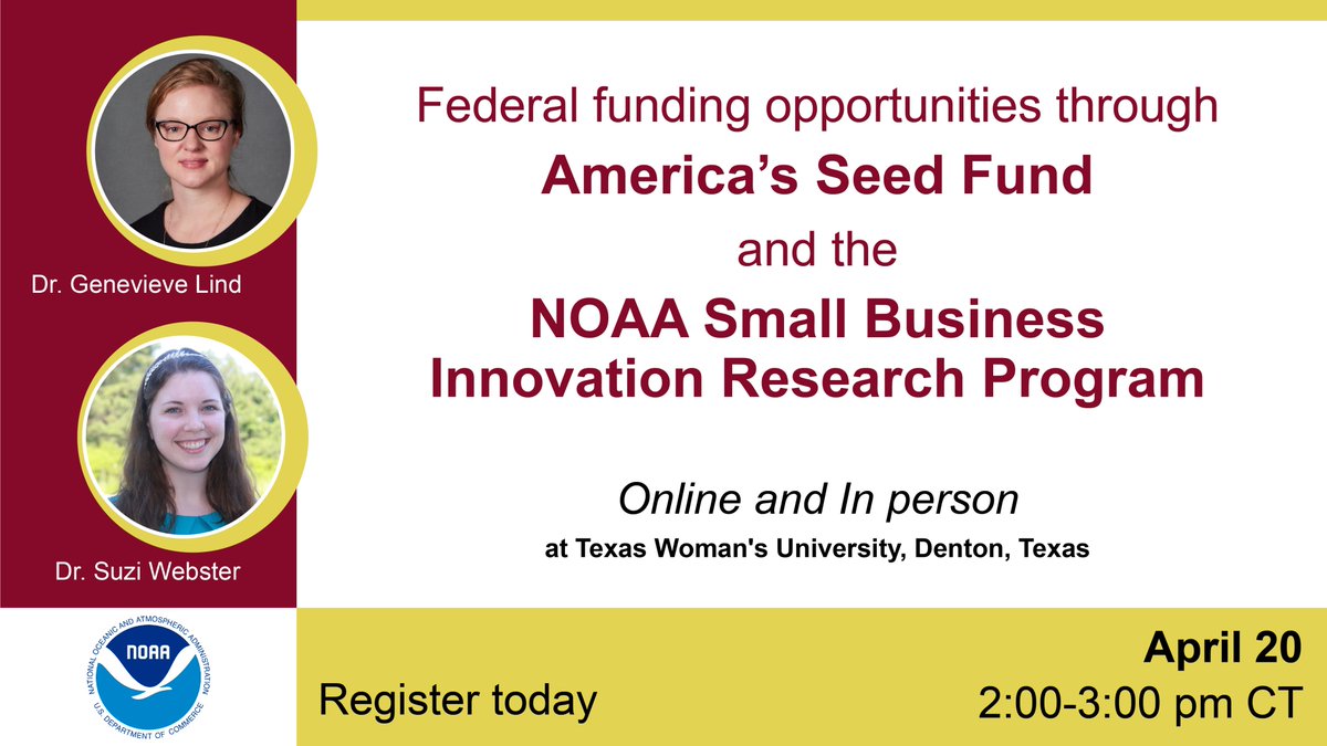 #NOAASBIR is heading to Texas! We're looking to connect with Dallas-area #entrepreneurs and #smallbusiness owners. Let us tell you about opportunities to apply for #federal #SeedFunding to support research and development of #innovative #tech! Join us: eventbrite.com/e/special-even…