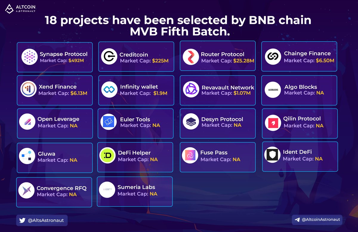 Alts_Astronaut's tweet photo. 🔔 18 Projects have been Selected by BNB chain MVB Fifth Batch .

@SynapseProtocol @creditcoin @routerprotocol @FinanceChainge @xendfinance @InfinityWallet @revaultnetwork @Algoblockstrade @OpenLeverage @EulerTools @QilinProtocol https://t.co/jmNkHIcUya