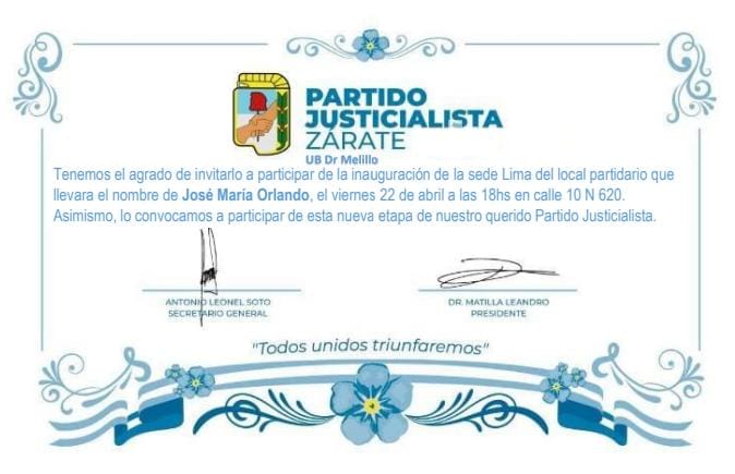 ZaratePJOficial's tweet photo. Este viernes 22, a las 18hs, los esperamos a todos y todas, en la inauguración de nuestra nueva casa en la ciudad de Lima, en la Calle 10 N° 620.
#PJLima
#FrenteDeTodos
#TodosUnidosTriunfaremos https://t.co/ZR78kGzznm