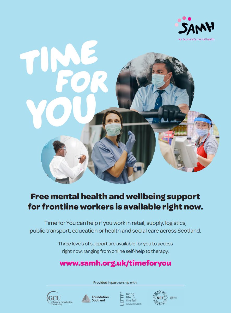 SAMH's Time for You offers quick access to free mental health support for frontline workers in Scotland. 

There are three levels of support to choose from, ranging from online self-help to therapy.  More info at orlo.uk/Yk5zh

<a href="/SAMHtweets/">SAMH</a> 
<a href="/AberdeenCC/">Aberdeen City Council</a> 
<a href="/NHSGrampian/">NHS Grampian</a>