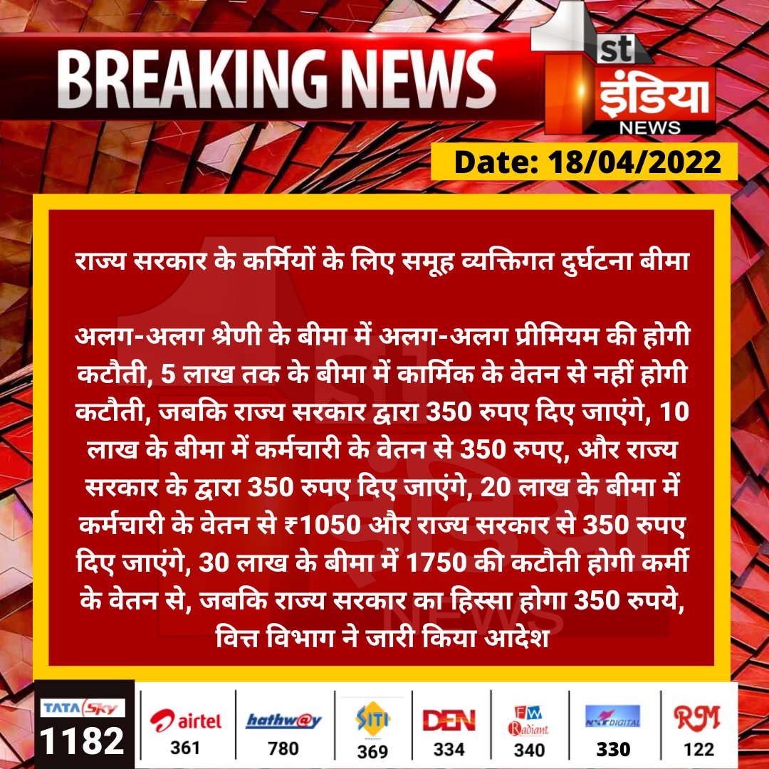 1stIndiaNews's tweet photo. राज्य सरकार के कर्मियों के लिए समूह व्यक्तिगत दुर्घटना बीमा

अलग-अलग श्रेणी के बीमा में अलग-अलग प्रीमियम की होगी कटौती, 5 लाख तक के बीमा में कार्मिक के वेतन से नहीं होगी कटौती...
#Jaipur @RajGovOfficial @rituraj9999 https://t.co/STZlOnnN3f