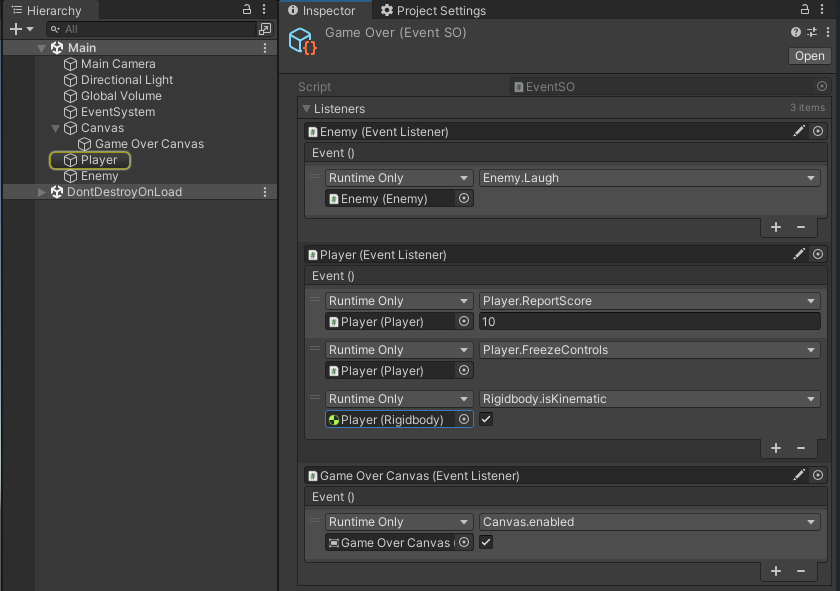 cr3arthur's tweet photo. Are you using Scriptable Object Unity Event ?
Wouldn't it be nice to see all listeners at a glance from the SO inspector ?
Here is how you can do it (simplified code) 🤗
And with a bit of sugar-coating here is the Event SO Inspector 🥳
#unity #unitytips #madewithunity #gamedev https://t.co/2laclAiWZ0
