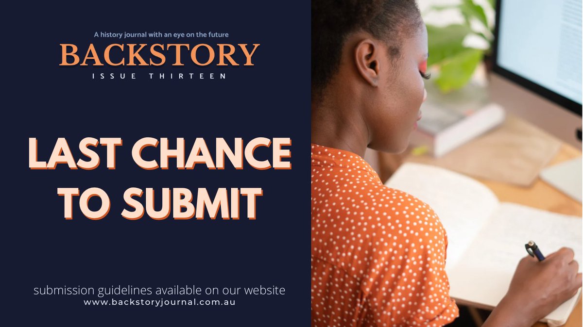 Backstory Journal (@bckstoryjournal) on Twitter photo There are now 24 HOURS LEFT to submit work for Issue 13! Subs close TOMORROW at 11:59PM AEST📣📣
POETRY ➣ backstorypoetry@gmail.com
CNF & FICTION ➣ backstoryjournal@gmail.com
SUB GUIDELINES ➣ backstoryjournal.com.au/submission-gui… There are now 24 HOURS LEFT to submit work for Issue 13! Subs close TOMORROW at 11:59PM AEST📣📣
POETRY ➣ backstorypoetry@gmail.com
CNF & FICTION ➣ backstoryjournal@gmail.com
SUB GUIDELINES ➣ backstoryjournal.com.au/submission-gui…