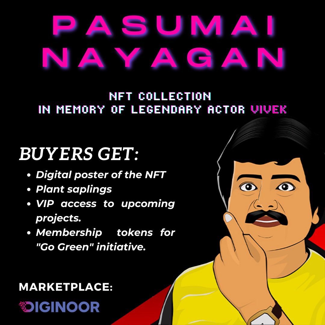 The #pasumainayagan auction is live 🔥
NFT holders get exclusive VIP benefits. 
Go to diginoor.io and get your <a href="/Actor_Vivek/">Vivekh actor</a> NFTs now!
#gogreen #NFTs #savetrees #greenglobe #newdrop