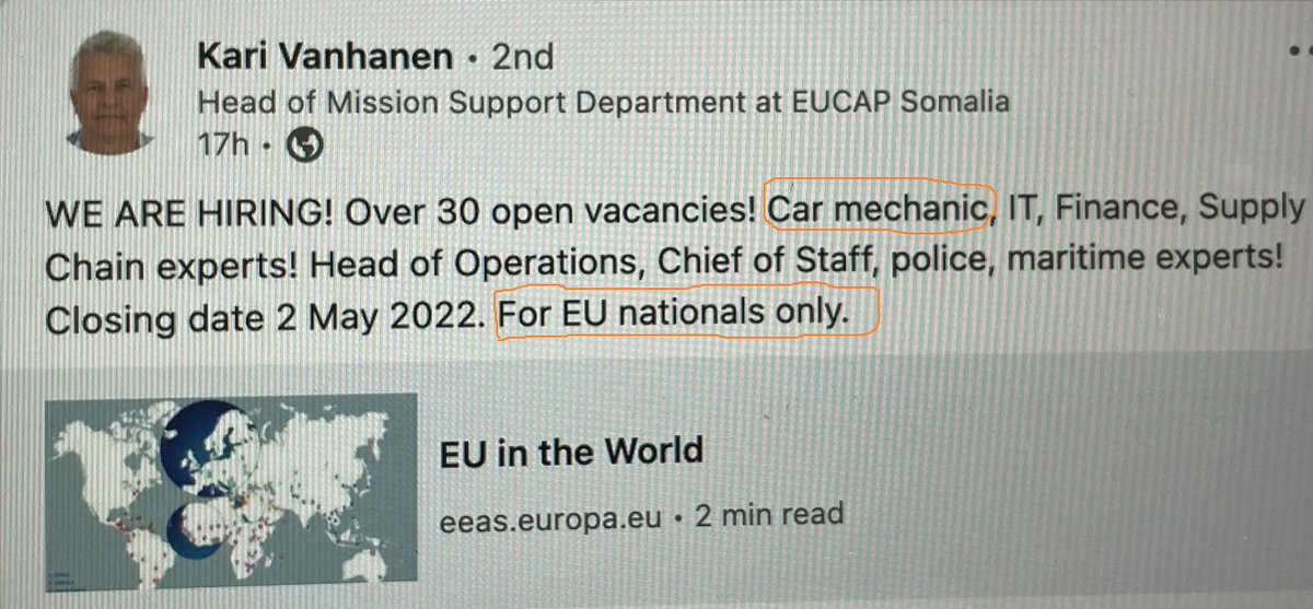 M0xassan's tweet photo. #Somalia is UNDECLARED @UN colony overseen by @UNSomalia . In a sovereign country, #UN head CANNOT meet let alone grill parliamentary speaker aspirants on their agenda & priorities. A week earlier, @EU_in_Somalia posted menial jobs excluding #Somali from applying.#Somalia #Toosa https://t.co/duK2q7DShL