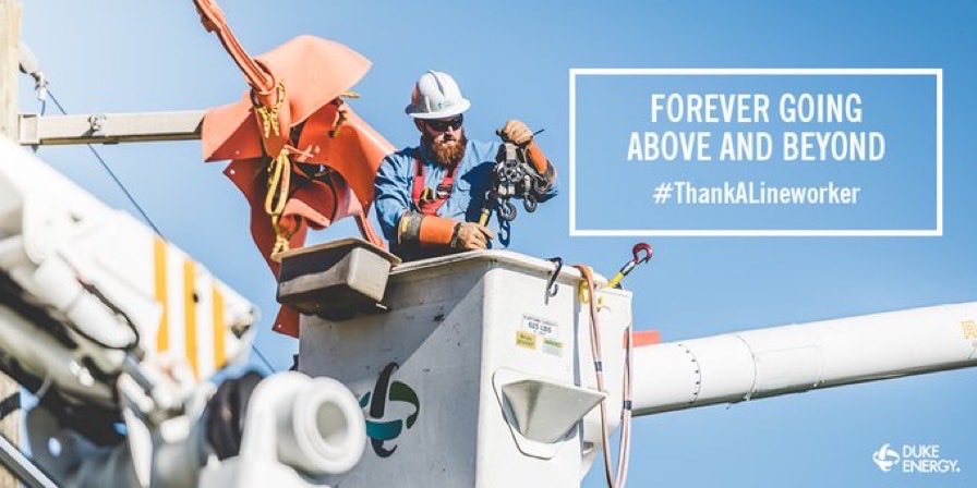 Today ⁦<a href="/DukeEnergy/">Duke Energy</a>⁩ we celebrate Lineworker Appreciation Day! Lineworkers are our heroes — working long hours in adverse conditions to keep the power flowing to customers. #ThankALineworker