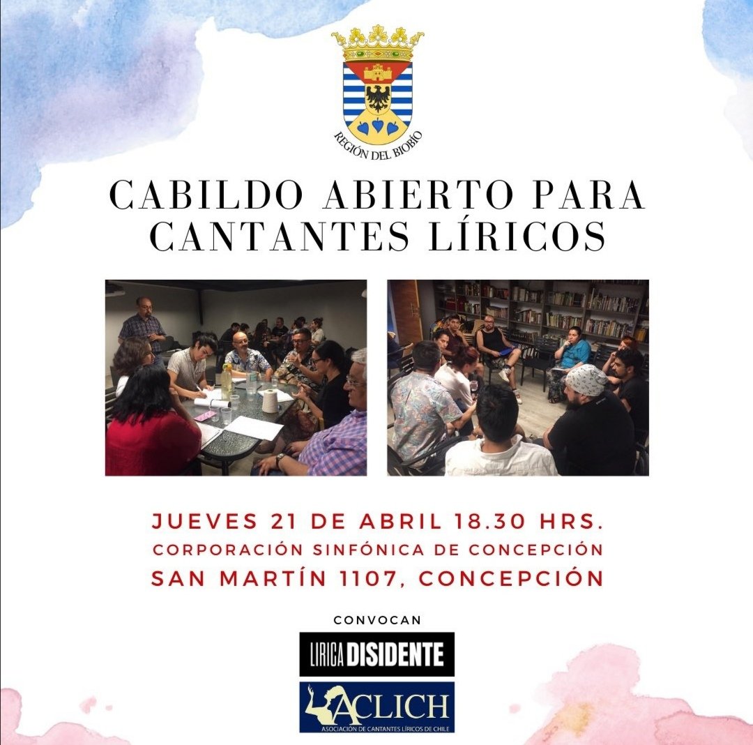 ATENCIÓN Cantantes Líricos de la región del Biobío! Este jueves 21 de abril a las 18:30 hrs. <a href="/aclich1/">ACLICH Cantantes Líricos Chile</a> junto a Lírica disidente <a href="/TerrorLirico/">Nico</a> estaremos realizando un Cabildo Abierto para Cantantes Líricos!