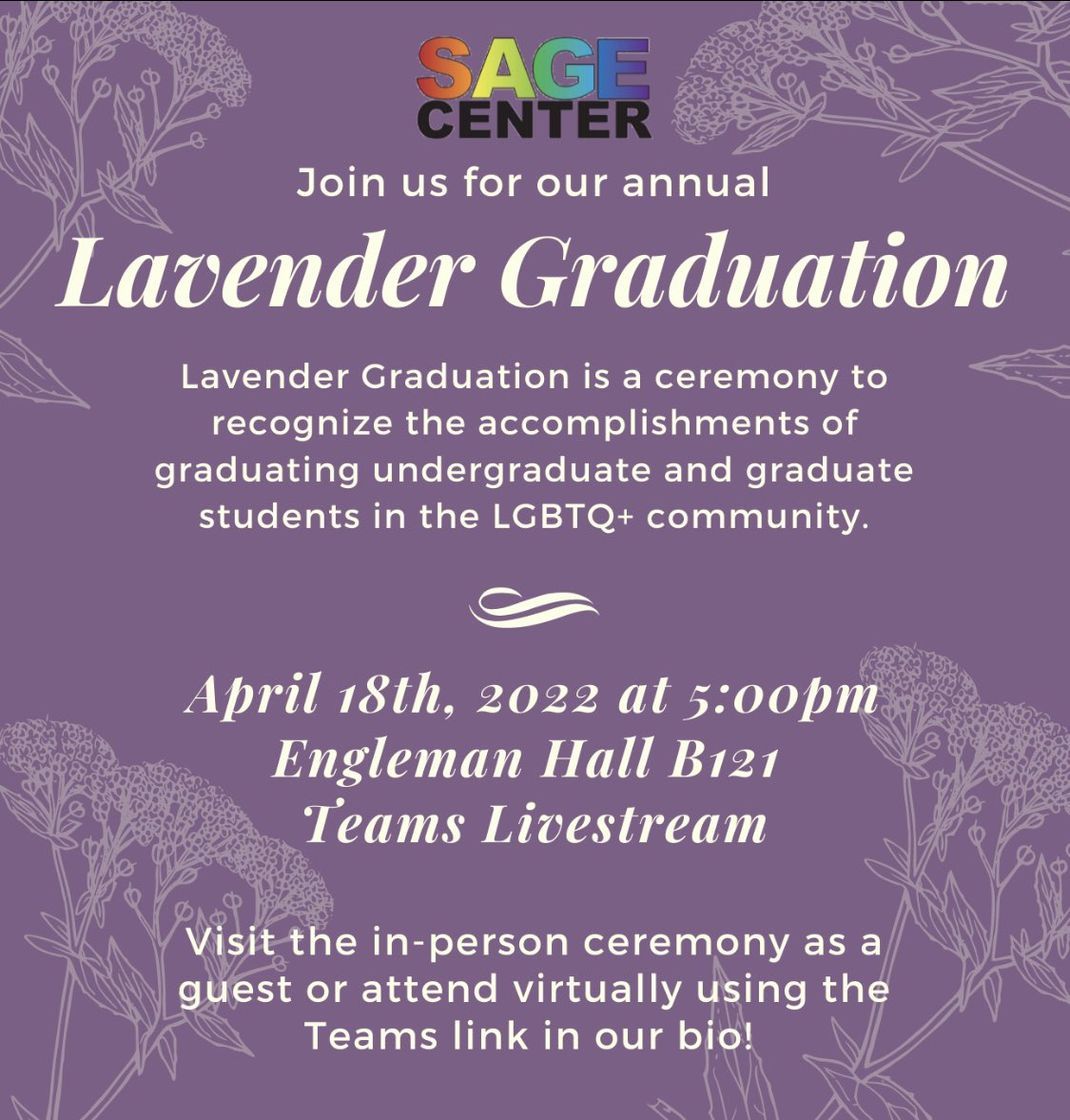 scsusage's tweet image. Don't forget to join us tonight for our annual Lavender Graduation ceremony! We're so excited to be celebrating and honoring all the LGBTQ+ students graduating, and hope to see you there 💜