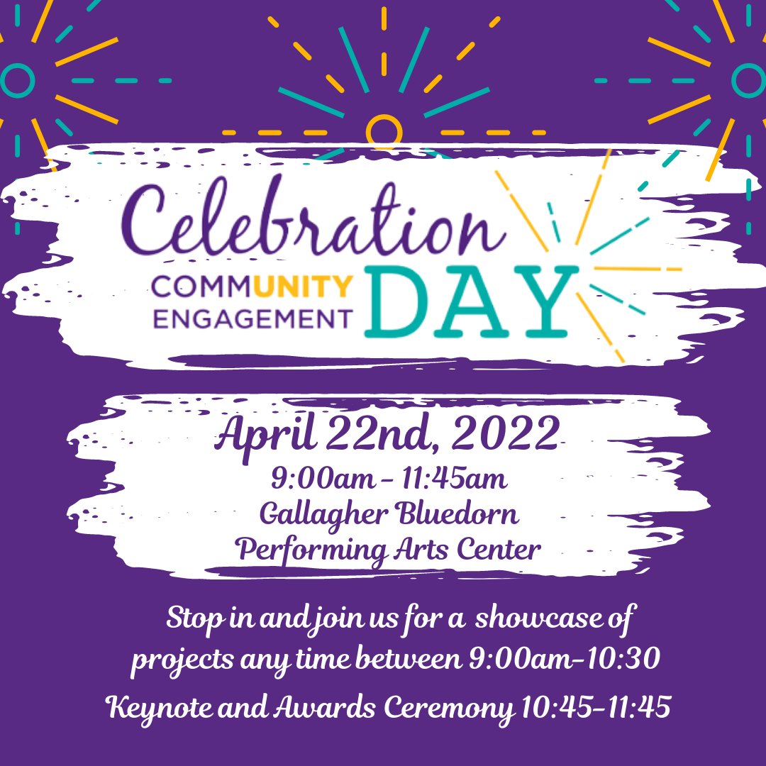 Join us in celebrating the community engagement work that happens on campus and in our community! Stop by anytime between 9-10:30am for our showcase of projects and join us for our awards ceremony at 10:45am!