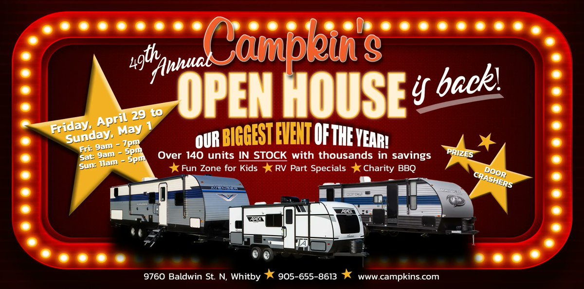 CampkinsRV's tweet photo. Open House is back and better than ever! This 3 day event is one you won't want to miss. We can't wait to see you. #openhouse #camping #campkinsrv #annualevent #event #itsback #rving #rvsale #rvparts #prizes #forestriver #primetimerv #cherokeerv #coachmenrv https://t.co/gO6rpsYYot