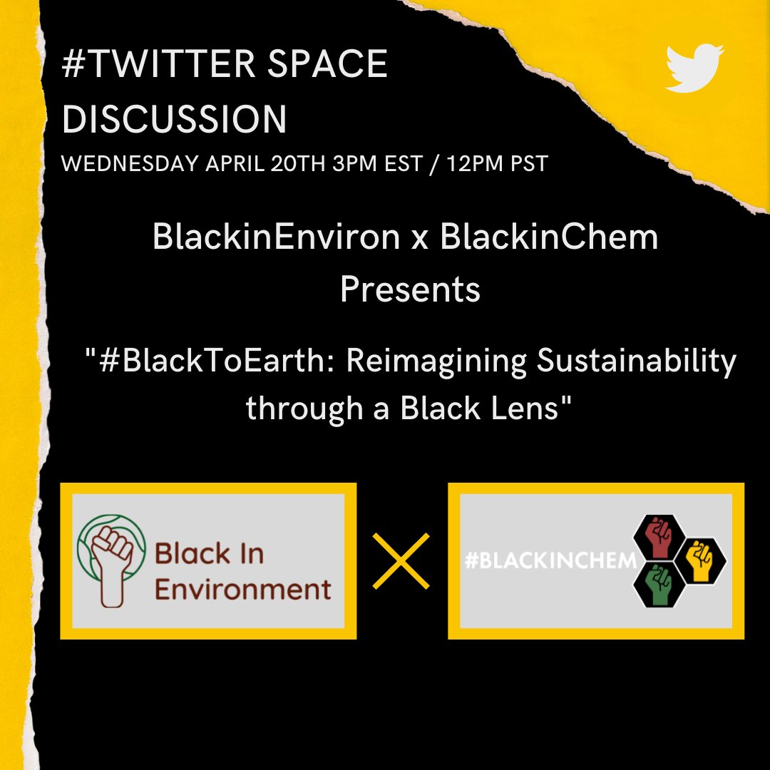 BlackInChem (@blackinchem) on Twitter photo Join <a href="/BlackInEnviron/">Black In Environment</a> x BlackinChem #twitterspace discussion on April 20th at 3pm EST/ 12pm EST hosted by @DavidsonJayso & <a href="/weatherkos/">Nkosi Muse</a> focusing on “#BlackToEarth: Reimagining Sustainability through a Black lens”
#Blackinchem #Blackinenvironmental #blackecofriendlyfashion Join <a href="/BlackInEnviron/">Black In Environment</a> x BlackinChem #twitterspace discussion on April 20th at 3pm EST/ 12pm EST hosted by @DavidsonJayso & <a href="/weatherkos/">Nkosi Muse</a> focusing on “#BlackToEarth: Reimagining Sustainability through a Black lens”
#Blackinchem #Blackinenvironmental #blackecofriendlyfashion