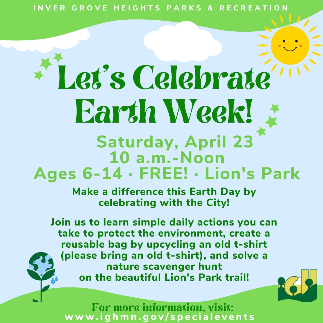 IGHParks's tweet photo. 🌍Let's Celebrate Earth Week this Saturday!

Join us for FREE at Lion's Park to create a reusable bag and take part in a scavenger hunt!

Last chance to register is TODAY (April 18) call 651-450-2480 or visit https://t.co/9rz8P3eSaq! https://t.co/E6zIicGAse