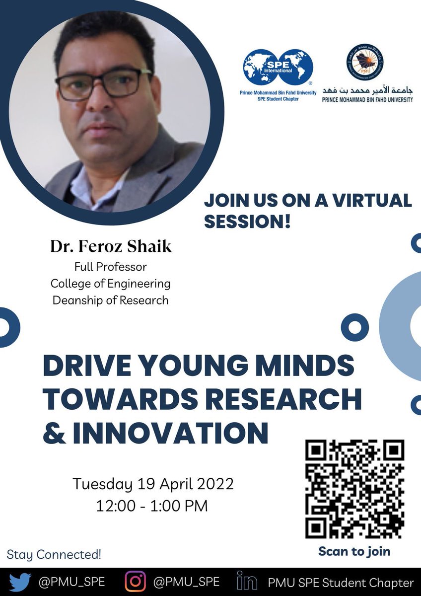 PMU_SPE's tweet photo. PMU SPE Student Chapter invites you all to join us in a virtual session titled “Drive Young Minds Towards Research &amp; Innovation” with our speaker Dr. Feroz Shaik.

To join the virtual session: https://t.co/X7UkS8hFxe https://t.co/9KOfV7PHO6