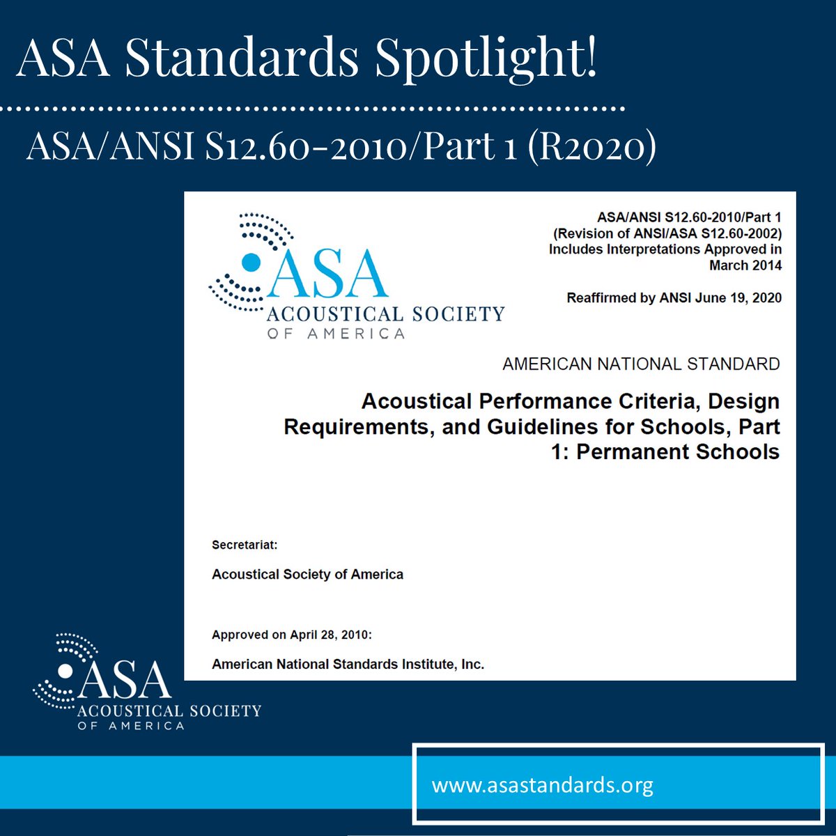 Today's #ASAStandards Spotlight (ASA/ANSI S12.60-2010/Part 1 (R2020)) focuses on #acoustical performance criteria and design requirements for #classrooms and other #learning spaces: bit.ly/3jPQKOd #Acoustics #K12 #Highered #BackgroundNoise #Reverberation
