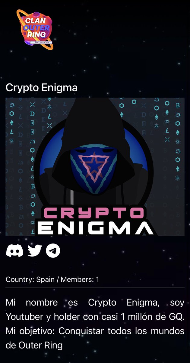 ClanOuterRing's tweet photo. Bienvenido @CryptoEnigmar un nuevo Clan que se registra en el Buscador de Clan para formar parte de @OuterRingMMO 

https://t.co/mpmhft0syv

#outerringmmo $GQ #playtoearngame #Metaverse https://t.co/LkK3F1HJOx