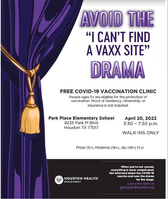ParkPlaceWrap's tweet photo. FREE COVID-19 VACCINATION CLINIC AT PARK PLACE. Wednesday, 4/20. 3:30 – 7:30 pm.  People ages 5+ are eligible. VACUNA GRATIS DE COVID-19 EN PARK PLACE. Miércoles 4/20. 3:30 – 7:30 pm. Disponible para personas de 5 años en adelante. https://t.co/uafLhWPSRL