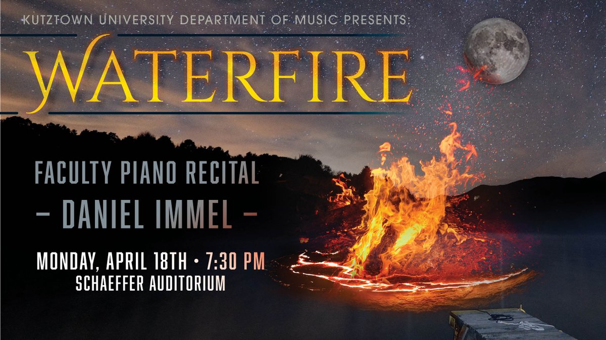 It's Music Monday!! Join us for Dr. Daniel Immel's Faculty Piano Recital called Waterfire. 7:30 PM Schaeffer Auditorium. Audience is welcome, livestreamed for your convenience. youtu.be/I_UZcF_fMVw

#kutztownuniversity #deparmentofmusic #facultyrecital #DanielImmel #piano