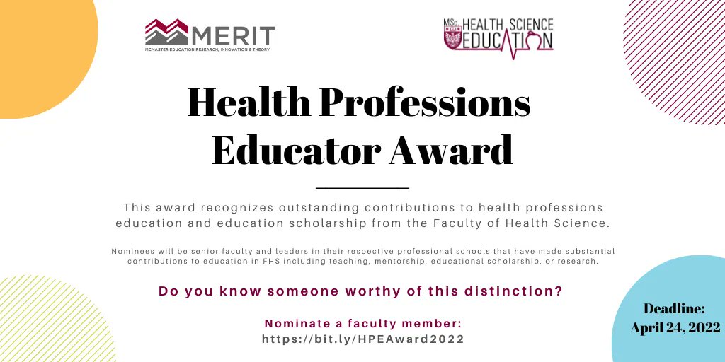 McMaster Education Research, Innovation & Theory (@merit_mcmaster) on Twitter photo Get your nominations in for the #HealthProfessions Educator Award! This award recognizes outstanding contributions to #HPE and education scholarship from <a href="/machealthsci/">McMaster Health Sciences</a>! 🗓️Deadline: Apr 24 | Details here: bit.ly/HPEAward2022 Get your nominations in for the #HealthProfessions Educator Award! This award recognizes outstanding contributions to #HPE and education scholarship from <a href="/machealthsci/">McMaster Health Sciences</a>! 🗓️Deadline: Apr 24 | Details here: bit.ly/HPEAward2022