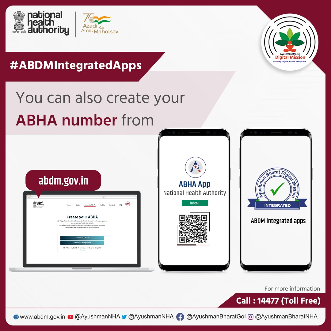 AyushmanNHA's tweet photo. You can generate your 14-digit unique Ayushman Bharat Health Account (#ABHA ) number from:
1. https://t.co/2ueeicZ04V
2. #ABHAapp : https://t.co/LokzAO0wg9
3. Other #ABDMIntegratedApps : https://t.co/NoodkCQS3Z https://t.co/ce4CpOXWHU