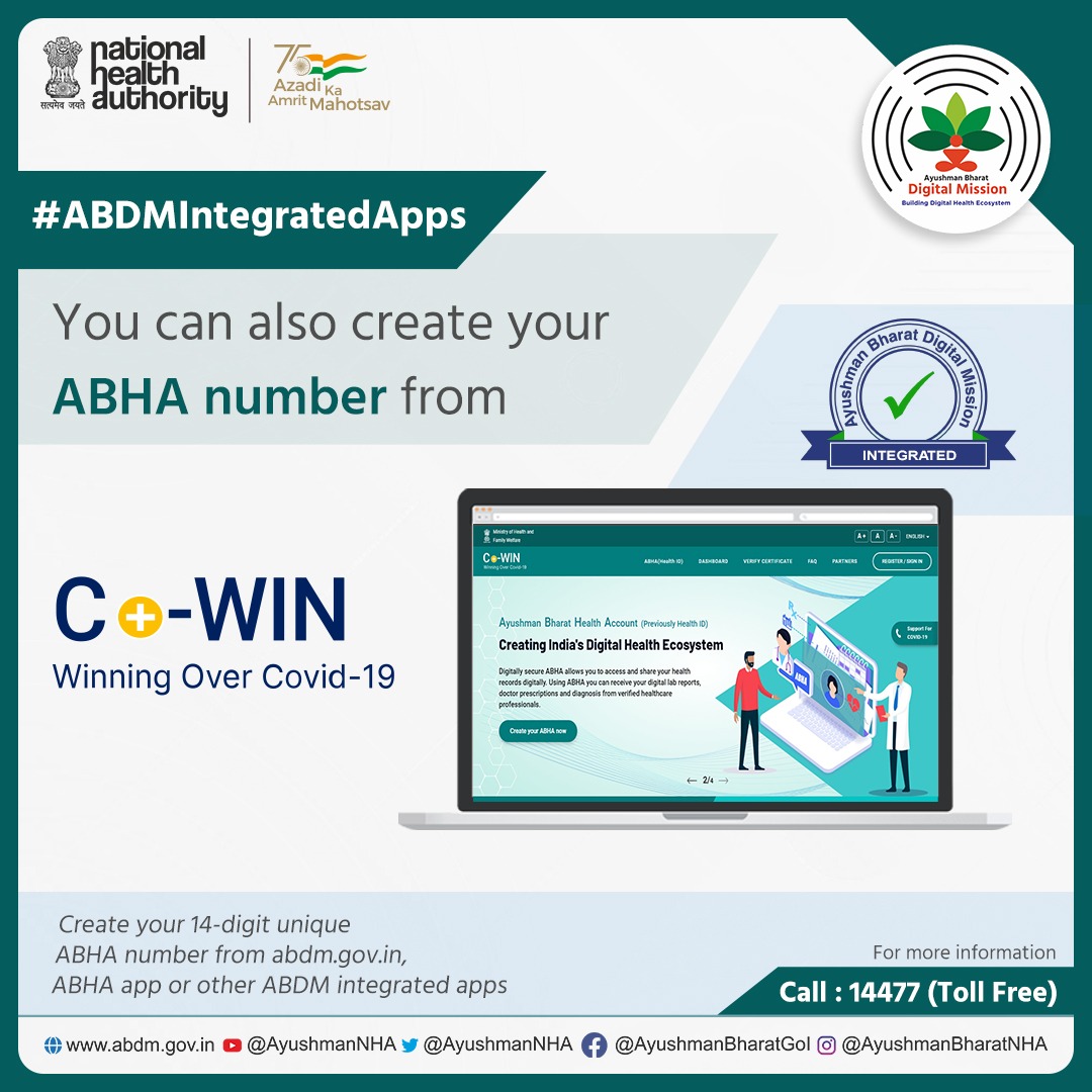 AyushmanNHA's tweet photo. #ABHAnumber can be created from the #ABDM integrated CoWIN Portal as well. To create your ABHA number visit: https://t.co/HDooSFgGkq
Details of other #ABDMIntegratedApps that allow you to create your ABHA number available here: https://t.co/NoodkCQS3Z https://t.co/Lg4HjJi0iq