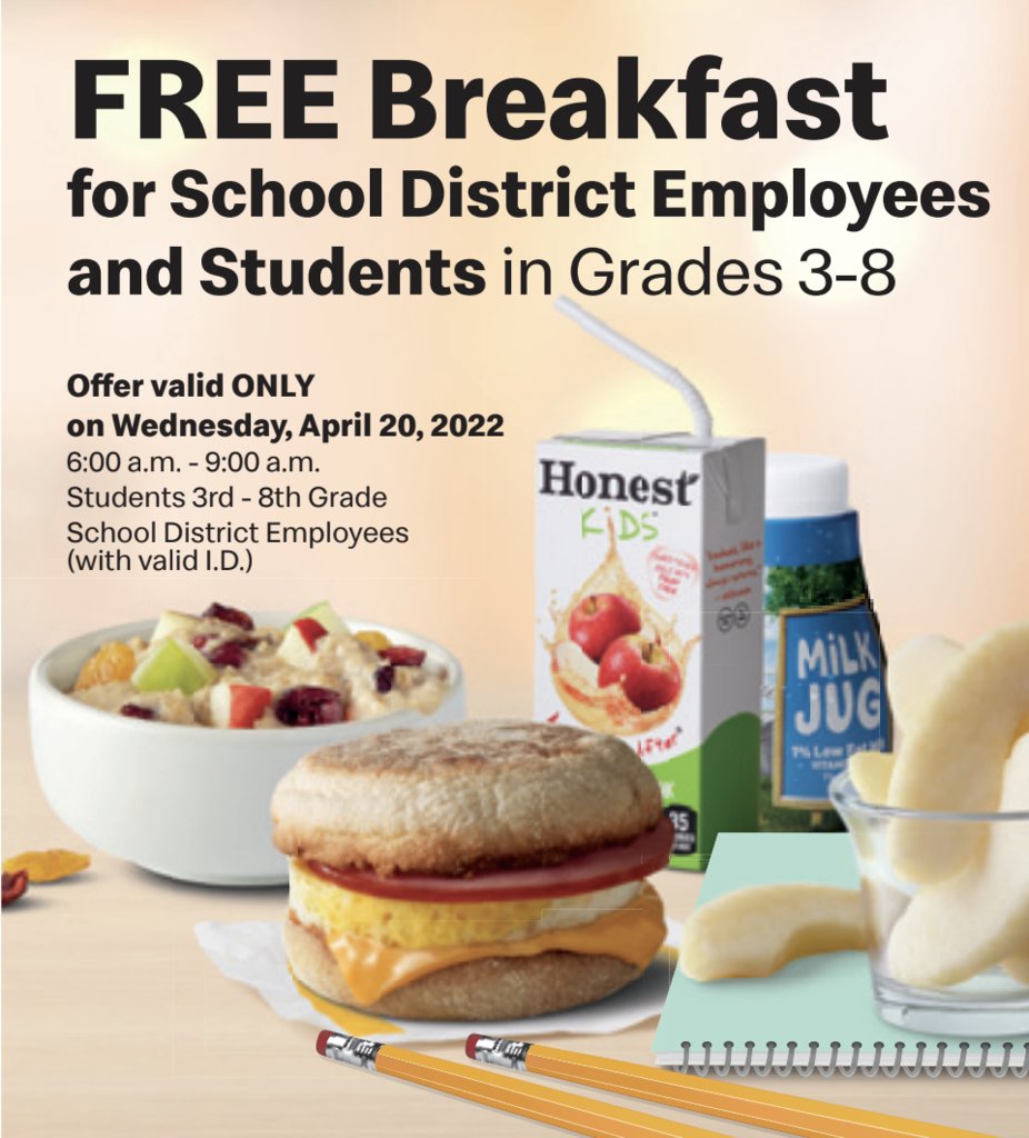 Spartans, McDonald's is offering FREE breakfast to students and staff on Wednesday as the state begins OSTP testing! Don't miss out!