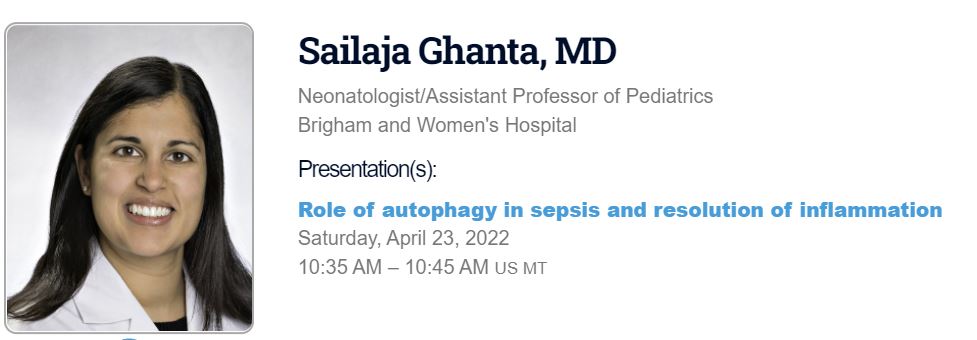 BWH Dept. of Pediatrics, Division of Newborn Med. (@brighamnicu) on Twitter photo Check out <a href="/BrighamNICU/">BWH Dept. of Pediatrics, Division of Newborn Med.</a>'s Dr Sailaja Ghanta's upcoming talk at the #PAS2022
<a href="/BrighamResearch/">Brigham and Women’s Research</a> <a href="/BrighamWomens/">Brigham and Women's Hospital</a> <a href="/MassGenBrigham/">Mass General Brigham</a> #autophagy #sepsis #inflammation Check out <a href="/BrighamNICU/">BWH Dept. of Pediatrics, Division of Newborn Med.</a>'s Dr Sailaja Ghanta's upcoming talk at the #PAS2022
<a href="/BrighamResearch/">Brigham and Women’s Research</a> <a href="/BrighamWomens/">Brigham and Women's Hospital</a> <a href="/MassGenBrigham/">Mass General Brigham</a> #autophagy #sepsis #inflammation