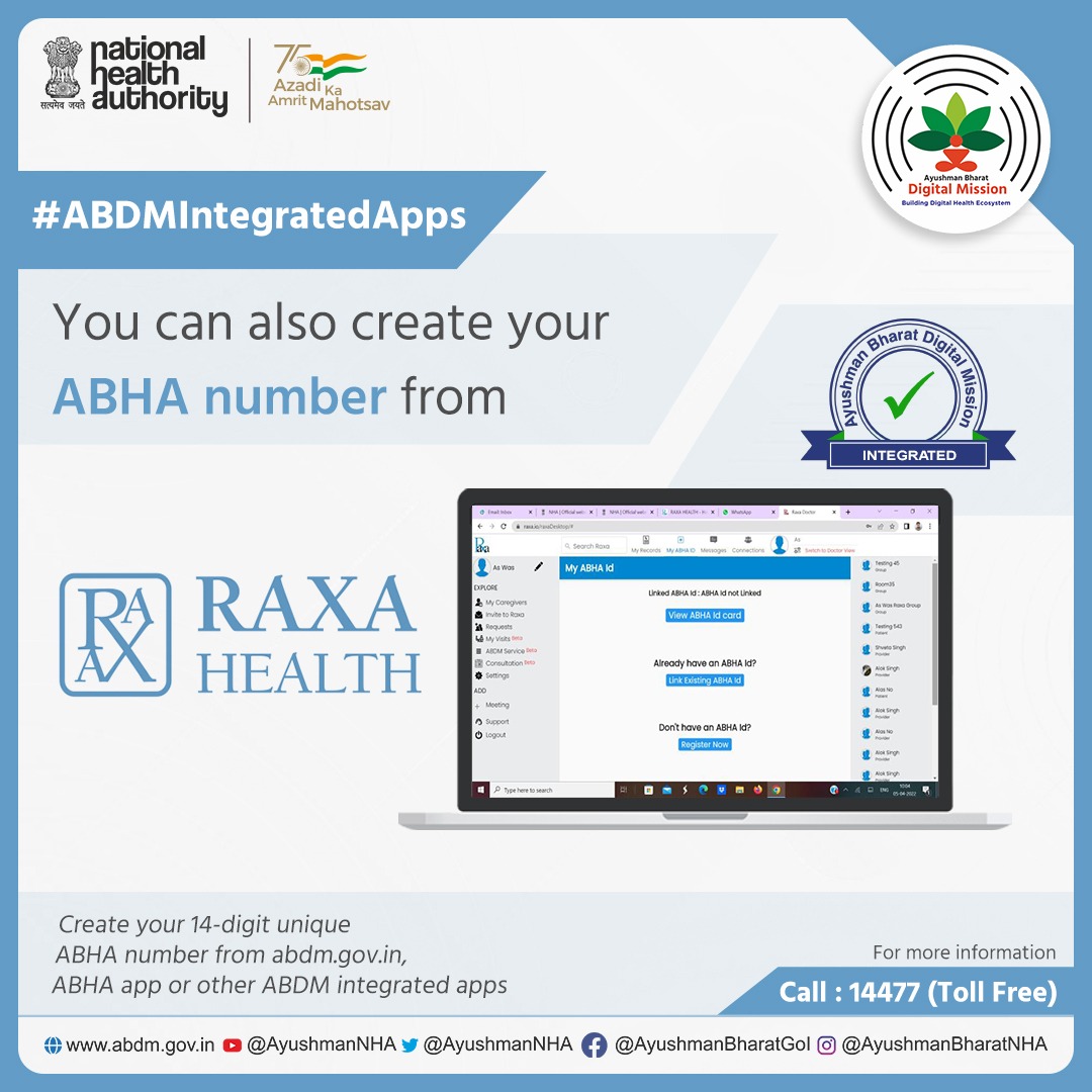 AyushmanNHA's tweet photo. Your 14 digit #ABHA number can also be created from the @Raxa_Health App. Visit: https://t.co/VJ05ESGE9z for more details. Other #ABDMIntegratedApps details available here: https://t.co/NoodkCQS3Z https://t.co/S0HhHpOu6U