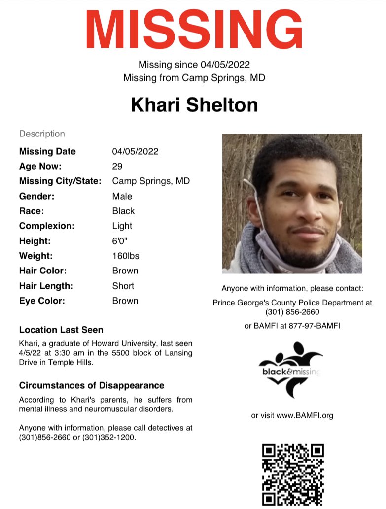 #Camp Springs, MD: 29 y/o Khari Shelton is still #MISSING. He was last seen on 4/5/22 at 3:30 am in the 5500 block of Lansing Drive in Temple Hills. #HelpUsFindKhariShelton