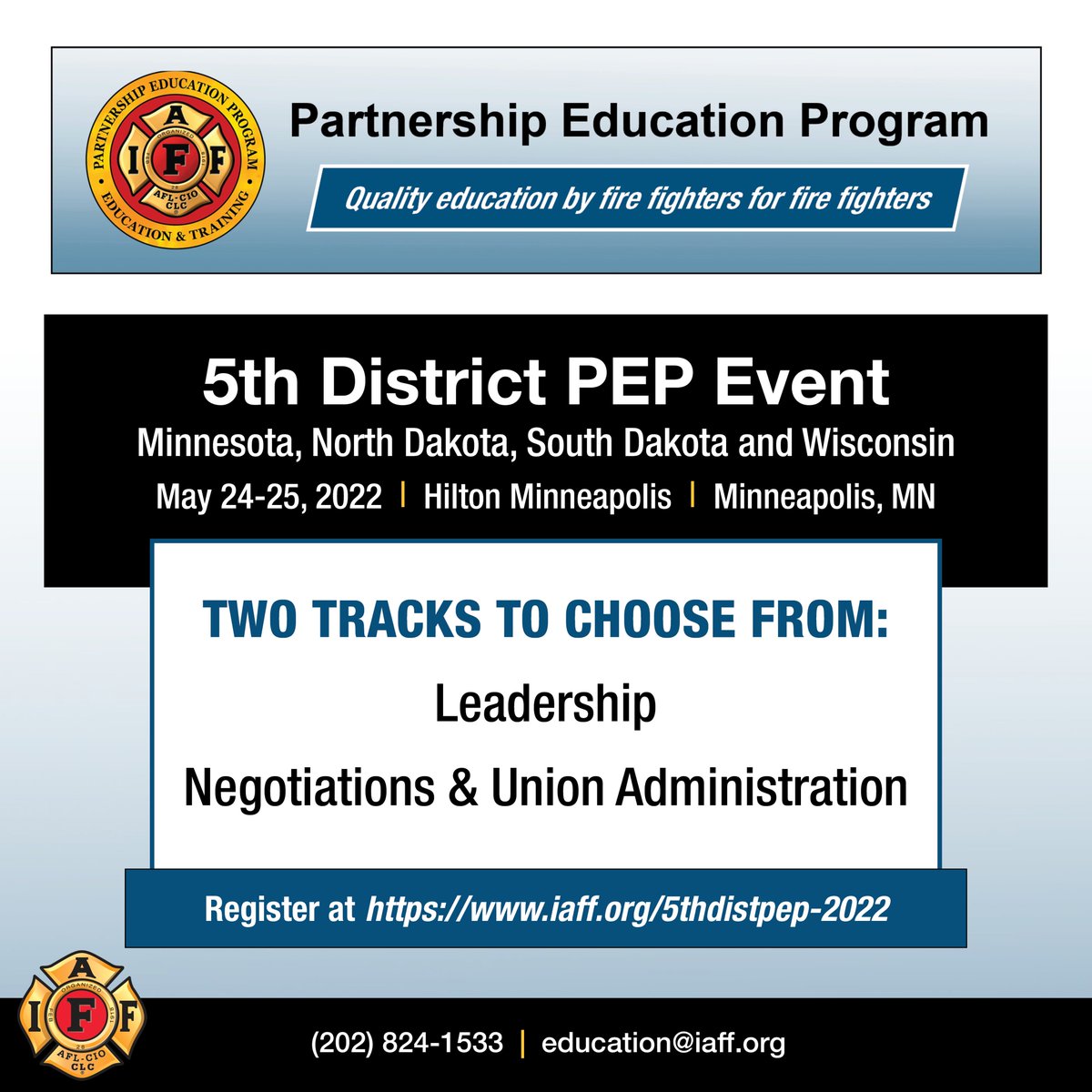 IAFFofficial's tweet photo. The  @IAFF5TH will host an IAFF Partnership Education Program (PEP) Event on May 24-25, 2022 at Hilton Minneapolis, Minneapolis, MN. Learn more:https://t.co/I6wf82ZBII https://t.co/bY6fVkKHPL