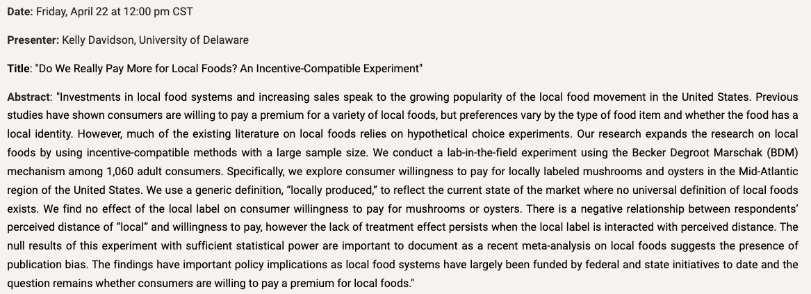 JeffBloem's tweet photo. The #OARES is back this week as we host @kad0504  who will be sharing experimental evidence of the willingness to pay for locally produced food. 

When: Friday, April 22 at 1 pm EST.

More information here: https://t.co/719Hvs8dEC https://t.co/nyJvvCnYX2