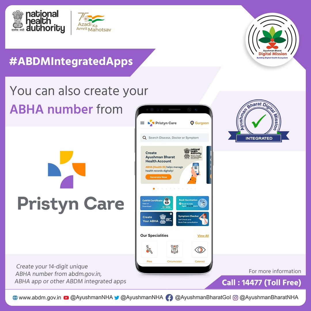 AyushmanNHA's tweet photo. Creating an #ABHA Number is an easy process. You can also use the @pristyncare_ app to create your Ayushman Bharat Health Account (ABHA) Number. Visit: https://t.co/KF1EbUMBDp
Other #ABDMIntegratedApps that allow ABHA number creation: https://t.co/NoodkCQS3Z https://t.co/YX7lUQkmFf