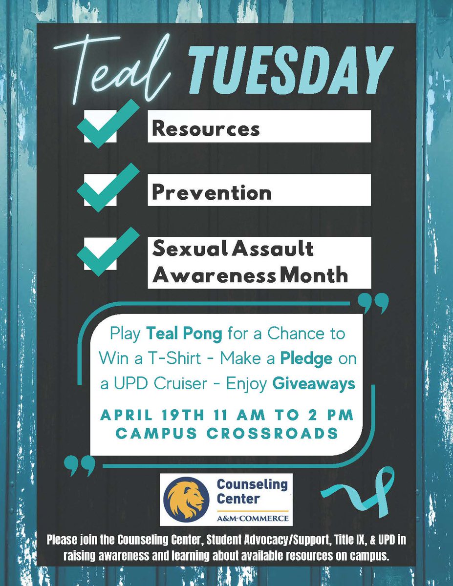ETAMU_CounCtr's tweet photo. Don't miss Teal Tuesday tomorrow, April 19th from 11:00 am-2:00 pm at the Campus Crossroads.
.@tamuc https://t.co/tFXbxjqweL