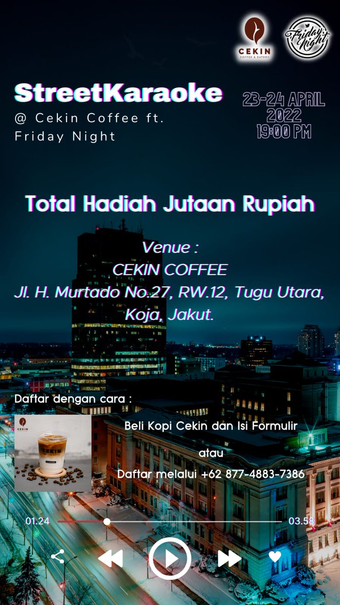 Untuk Jakarta yang mau ikutan lomba karaoke bersama cekin coffe dengan hadiah menarik, syarat untuk ikutan bisa ke cekin coffe di daerah Koja Jakarta Utara beli kopi cekin atau pendaftaran online 10k info silahkan hubungi nomor di poster, gas gaes lumayan!!!!
