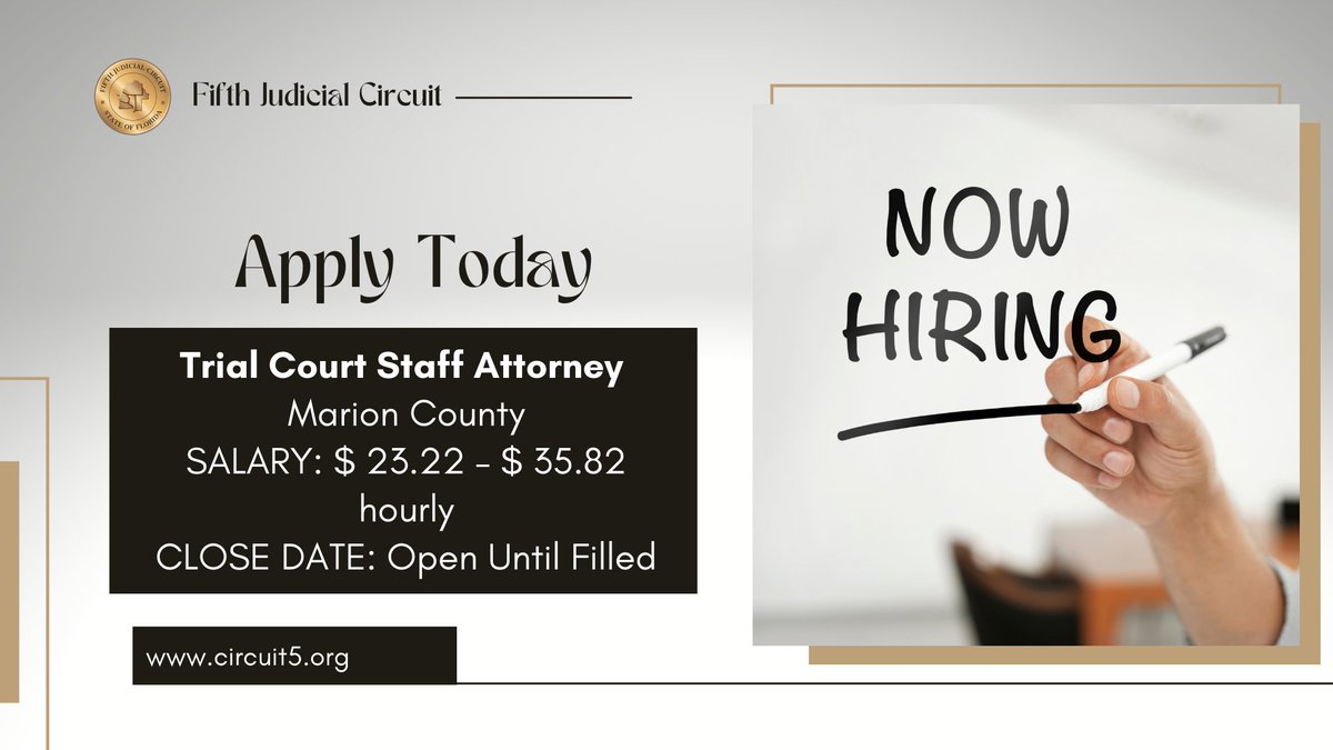 circuit5's tweet image. The Fifth Judicial Circuit is currently hiring Trial Court Staff Attorneys in Lake and Marion Counties.
➡️Visit our website for more information and to apply today: bit.ly/3uXg9do
#Circuit5 #Jobs #NowHiring