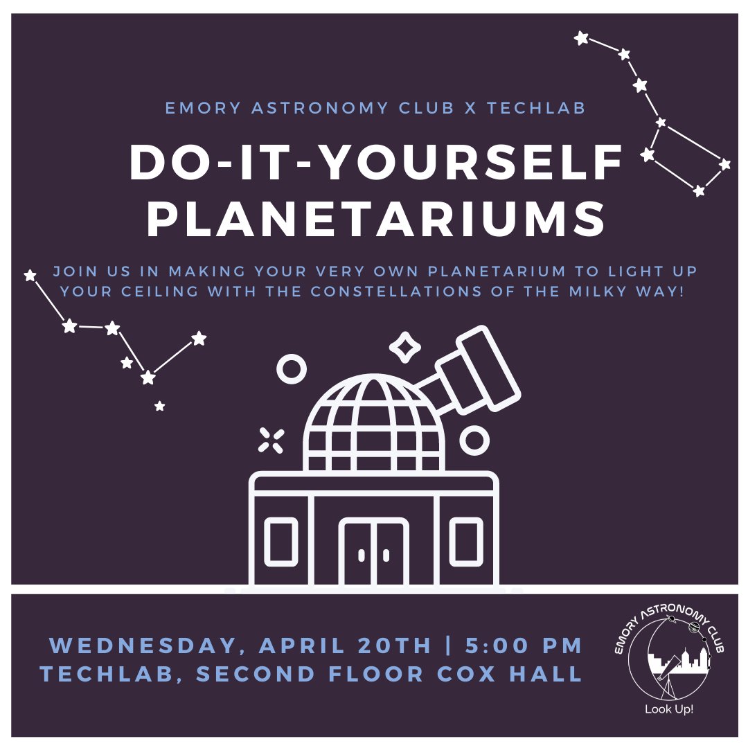 emorySDL's tweet photo. Ready for round 2? Join the Emory Astronomy Club and TechLab for another DIY planetarium workshop Wednesday, April 20th at 5pm. Check out some of the awesome planetariums that were made last time!

Materials are provided so sign up today at https://t.co/xANXHWBavd! https://t.co/wtEp5G3tVp