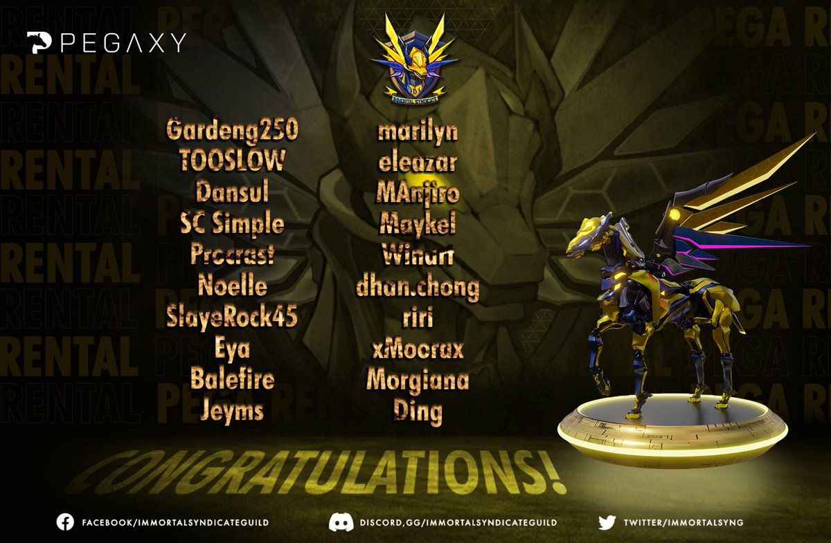 ImmortalSynG's tweet photo. 41st Rental Event! 

Congratulations to all the winners who has sent their Metamask address the fastest! ⚡

Like what we always say, night owls catches the pegas! 🌃
See you on the race track! 🏇

#ImmortalSyndicate
#Pegaxy https://t.co/mkKpoXLdc1