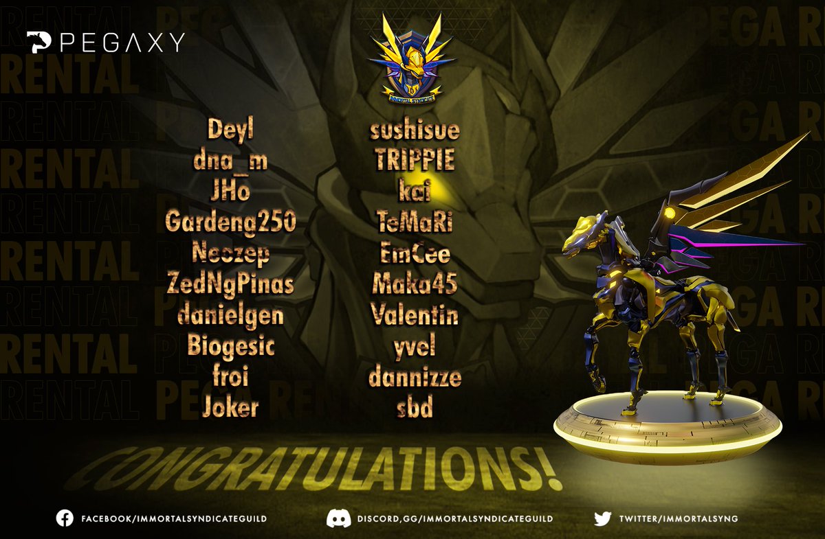 ImmortalSynG's tweet photo. 41st Rental Event! 

Congratulations to all the winners who has sent their Metamask address the fastest! ⚡

Like what we always say, night owls catches the pegas! 🌃
See you on the race track! 🏇

#ImmortalSyndicate
#Pegaxy https://t.co/mkKpoXLdc1