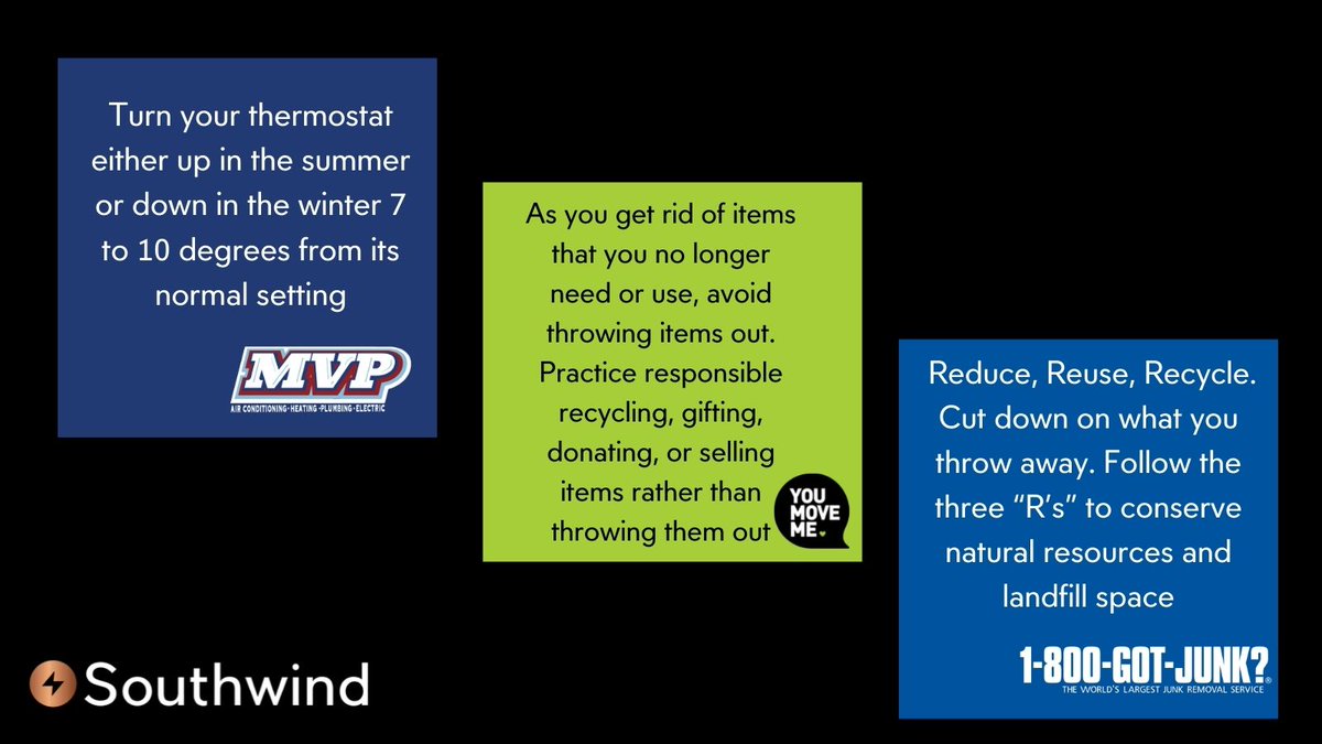 southwindkc's tweet photo. In honor of #EarthDay this Friday, use these three tips from our businesses to leave a better carbon footprint on our planet! #1800gotjunk #youmovemekc #mvp #KCMO https://t.co/vz7INpeLrp