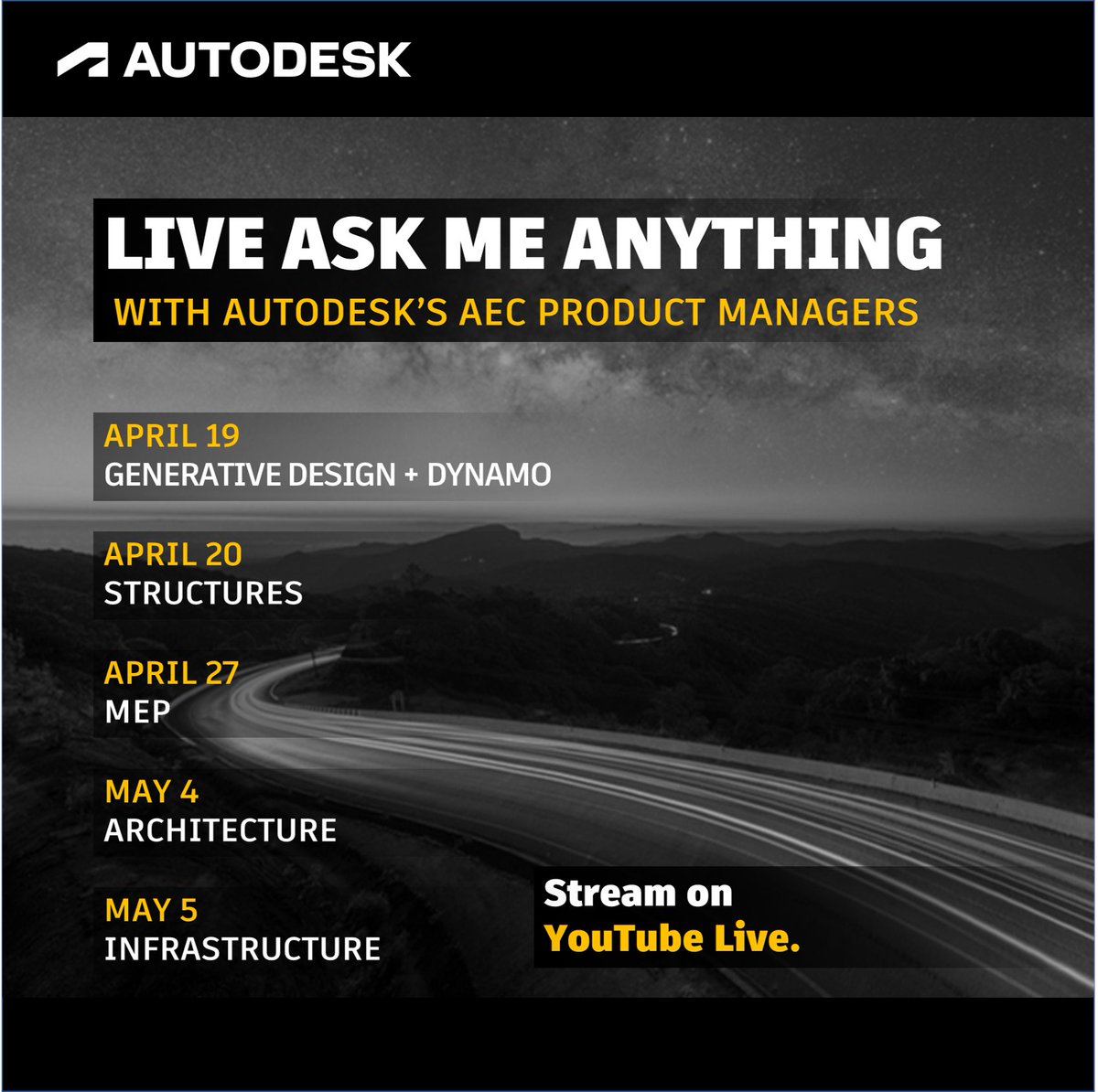 📣 Update to the #Revit Public Roadmap | autode.sk/35Bn3Kt

#Autodesk #AMAs Coming Soon!
 
Generative Design | autode.sk/37LQ9KN
Structures | autode.sk/3xqEzj7
MEP | autode.sk/3KNJa2r
Architecture | autode.sk/3M39cPy
Infra | autode.sk/3xtSPYo