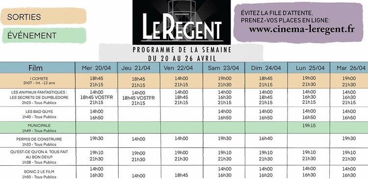 CLeregent's tweet photo. Bonjour, voici la programmation de la cinema dans votre Cinéma le Régent! 
💫NOUVELLE SORTIE: 
« I comete » réalisé par Pascal Tagnati  ! https://t.co/MQ1XS0VHRH