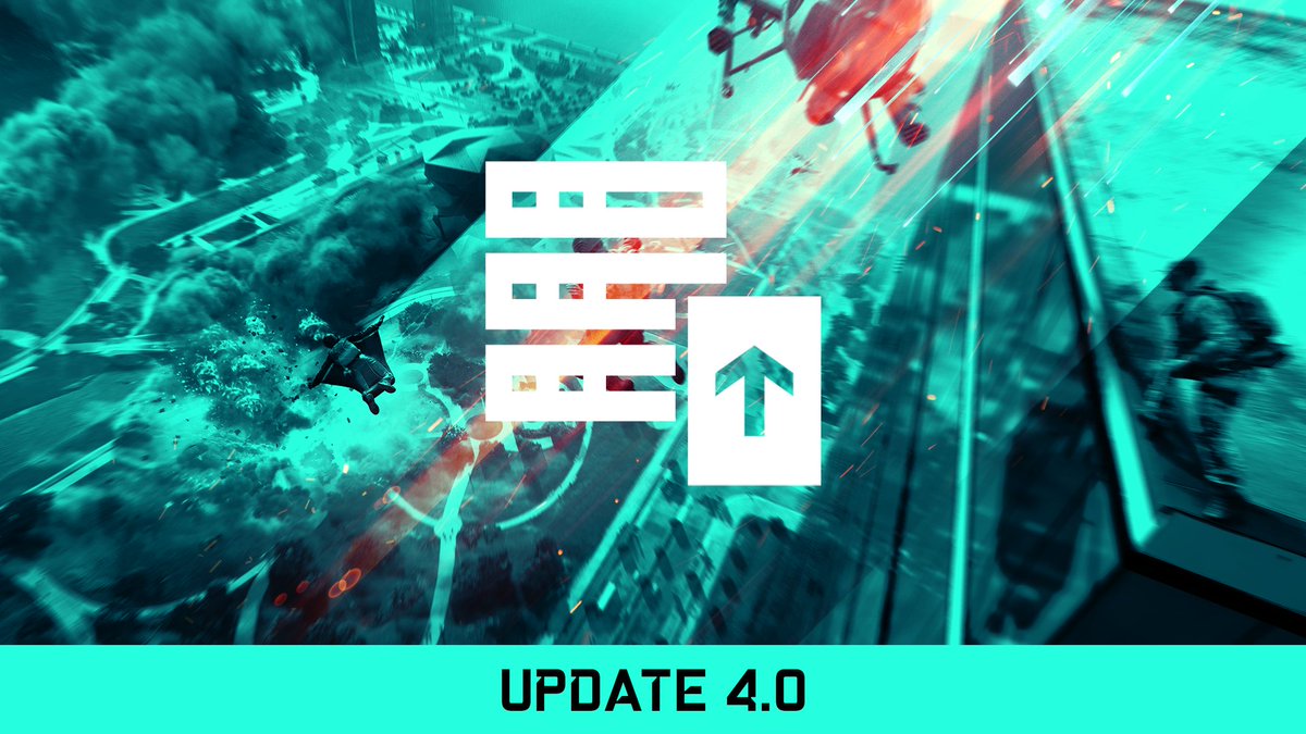 Image features a teal duotone variant of Kaleidoscope, with several specialists jumping off a skyscraper towards combat. A helicopter can be seen from the top of the image.

The image shows an icon with a server stack and an up arrow, indicating a patch is on its way. Along with a teal bar at the bottom with the words "Update 4.0" on it.
