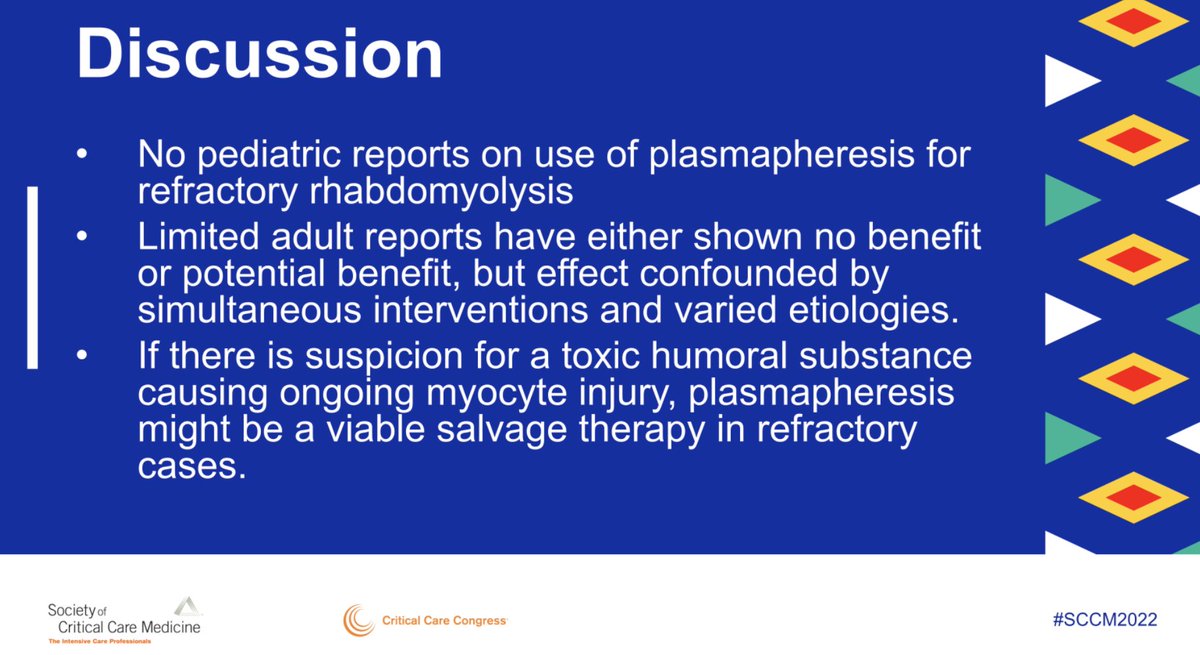 Therapeutic Plasma Exchange for Refractory Rhabdomyolysis in a Child  #SCCM2022 #SCCMSoMe 

Any other #PedsICU using TPE for this indication? Another case from our 2nd year fellows <a href="/moas_daniel/">Daniel Moas</a> and <a href="/WeiWangMD/">Wei Wang</a>, now available to view in the RST section.