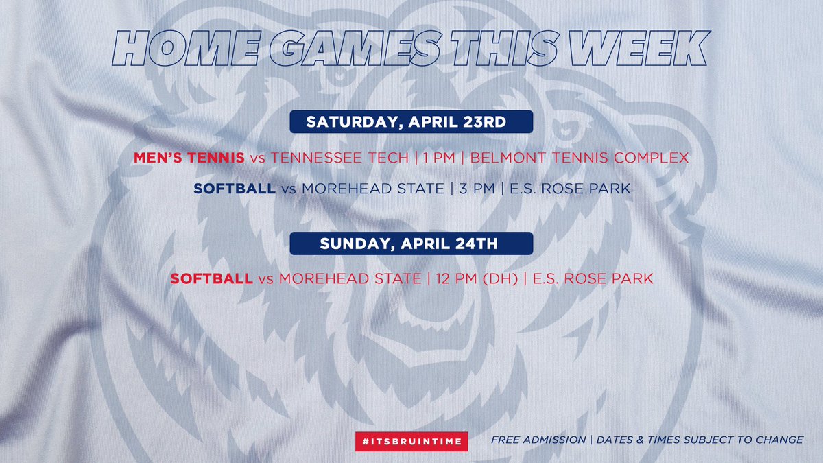 Belmont Athletics (@gobelmontbruins) on Twitter photo 𝐀𝐭 𝐡𝐨𝐦𝐞 🏠 𝐢𝐧 𝐭𝐡𝐞 𝐌𝐮𝐬𝐢𝐜 𝐂𝐢𝐭𝐲 𝐭𝐡𝐢𝐬 𝐰𝐞𝐞𝐤𝐞𝐧𝐝‼️
 
Senior Day men’s @BelmontTennis 🎾
<a href="/BelmontSoftball/">Belmont Softball</a> 🥎 at 🌹
 
#ItsBruinTime 𝐀𝐭 𝐡𝐨𝐦𝐞 🏠 𝐢𝐧 𝐭𝐡𝐞 𝐌𝐮𝐬𝐢𝐜 𝐂𝐢𝐭𝐲 𝐭𝐡𝐢𝐬 𝐰𝐞𝐞𝐤𝐞𝐧𝐝‼️
 
Senior Day men’s @BelmontTennis 🎾
<a href="/BelmontSoftball/">Belmont Softball</a> 🥎 at 🌹
 
#ItsBruinTime